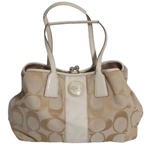 Coach Jacquard Fabric Vintage C Monogram Kiss Lock Beige Cream Leather Trim